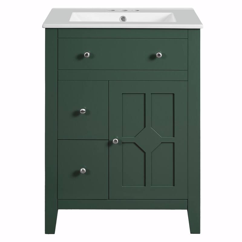 24" Modern Bathroom Vanity with Ceramic Basin - Restroom Sink Cabinet with 2 Drawers