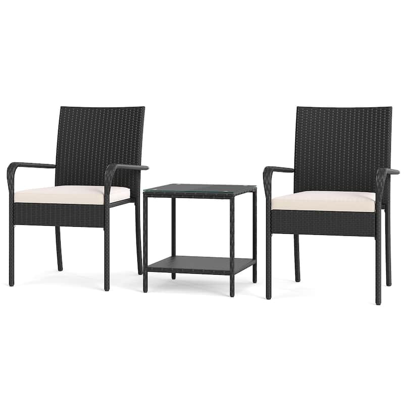 3 Piece Black PE Rattan Patio Set with Metal Frame, Cushions and Glass Table - Chair: 23" x 22.5" x 35" - White
