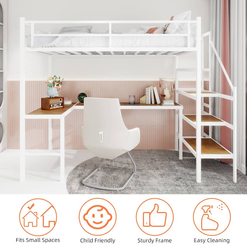 Space-Saving Loft Bed with L-Shaped Desk, Storage, and Safety Railing
