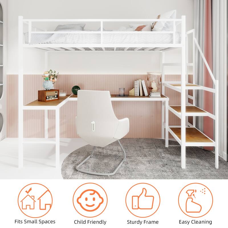 Twin Metal Loft Bed with L-Shaped Desk, Storage Stairs, 360掳 Guardrails, Shelves & Pegboard, Space-Saving Design