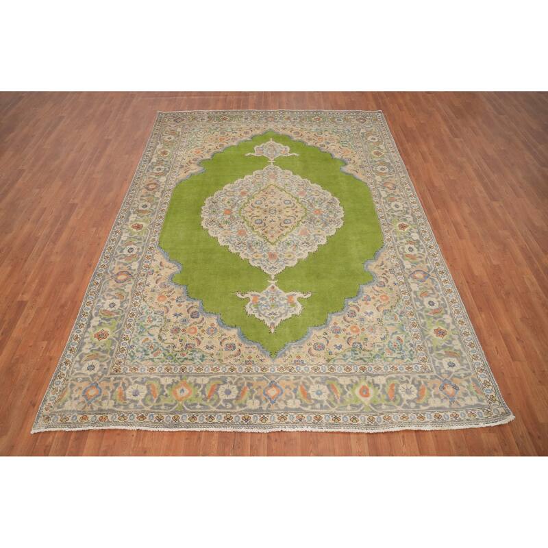 Hand Knotted Oriental 100% Wool Carpet Traditional Floral Green Tabriz Area Rug - 11' 0'' X 8' 0''