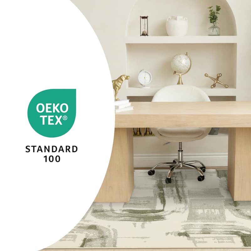 Cream Green Distressed Abstract High Traffic Area Rug