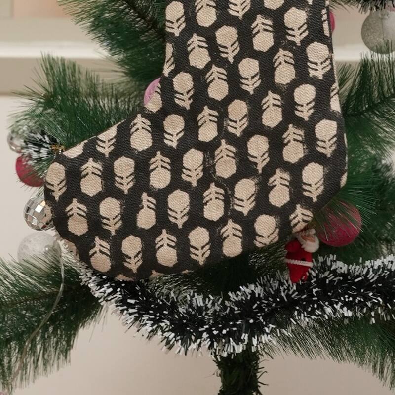 Fabdivine Linen or Cotton Hand Block Home Decorative Christmas Stockings - 16"X6.5" - Tulsi Buti- Black - Christmas Stockings