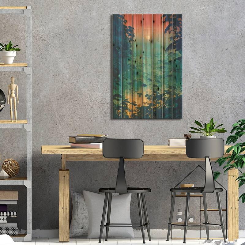 Colorful Cyberpunk Jungle In The Sunset Print On Wood by Alessandro Della Torre - Multi-Color