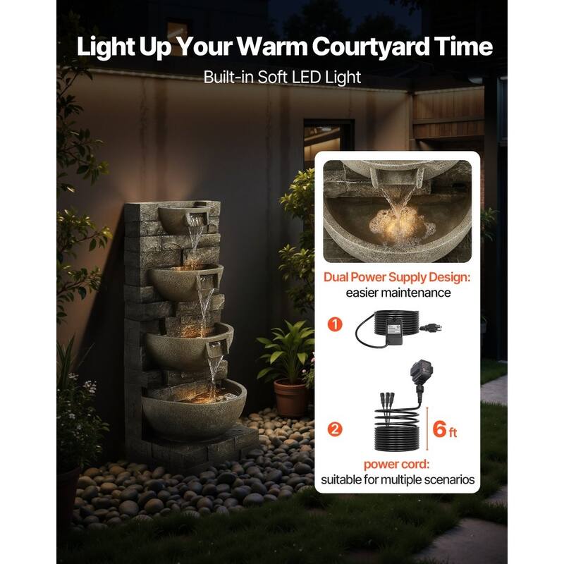Gray 4-Layer Outdoor Water Fountain for Patio Garden Yard with Soothing Flow and LED Lighting - 15.16 x 13.19 x 35.63 in
