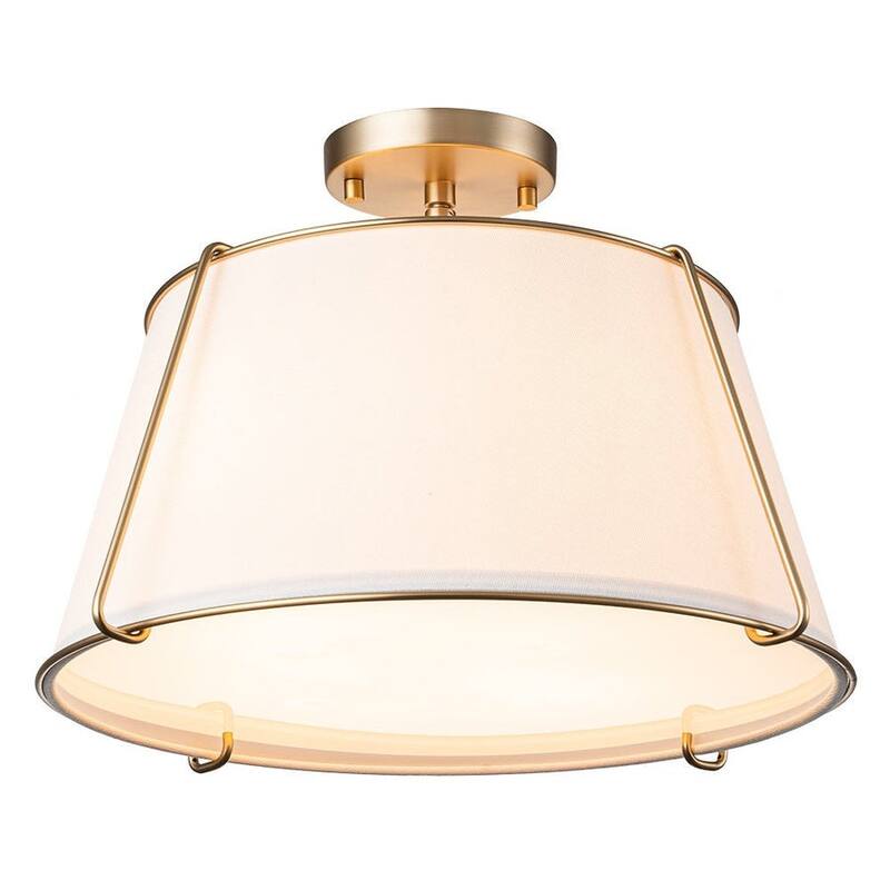 Brass 4-Light Wide Drum Linen Ceiling Light - 17in Mid-Century