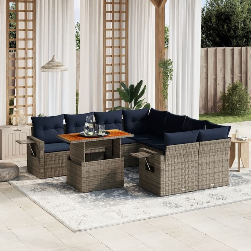 vidaXL Patio Sofa Set with Cushions Outdoor Furniture 9 Piece Poly Rattan - 24.4 x 24.4 x 27.2 - Grey
