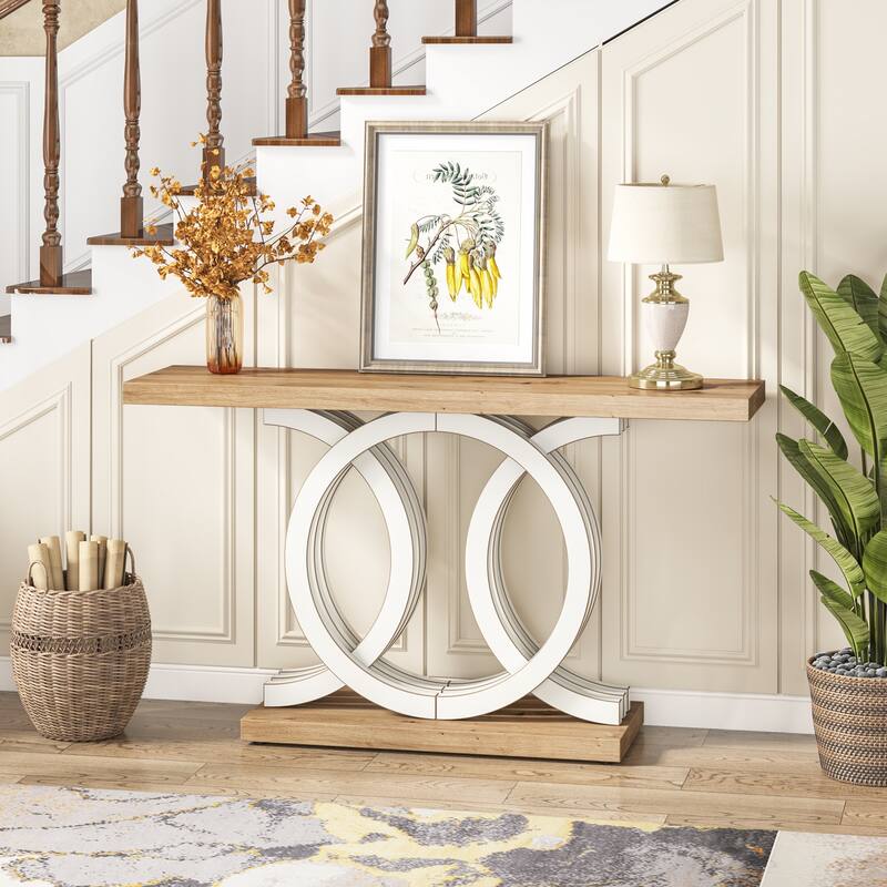 Vintage Console Table with Geometric Base Wooden Hallway Table - Beige