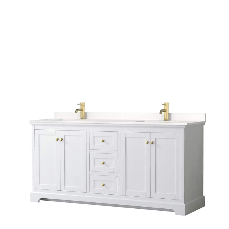 Avery 72-inch Double Vanity, Quartz Top - White, Gold Trim, White Quartz Top