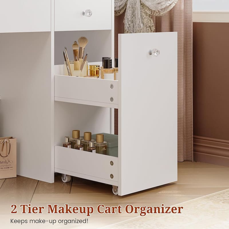 Vanity Desk with Mirror and Lights Power Outlet Drawers 3 Light Modes