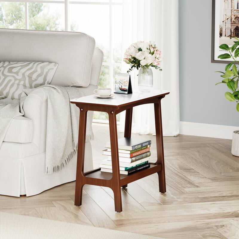 Narrow Slate Side Table with Storage Shelf, Small End Table for Living Room Bedroom Small Spaces, Nightstand Bedside Table - Brown
