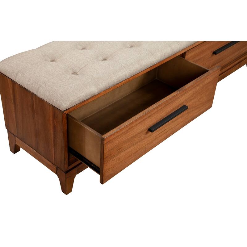 Bench with Fabric Padded Seat and 2 Drawers, Brown