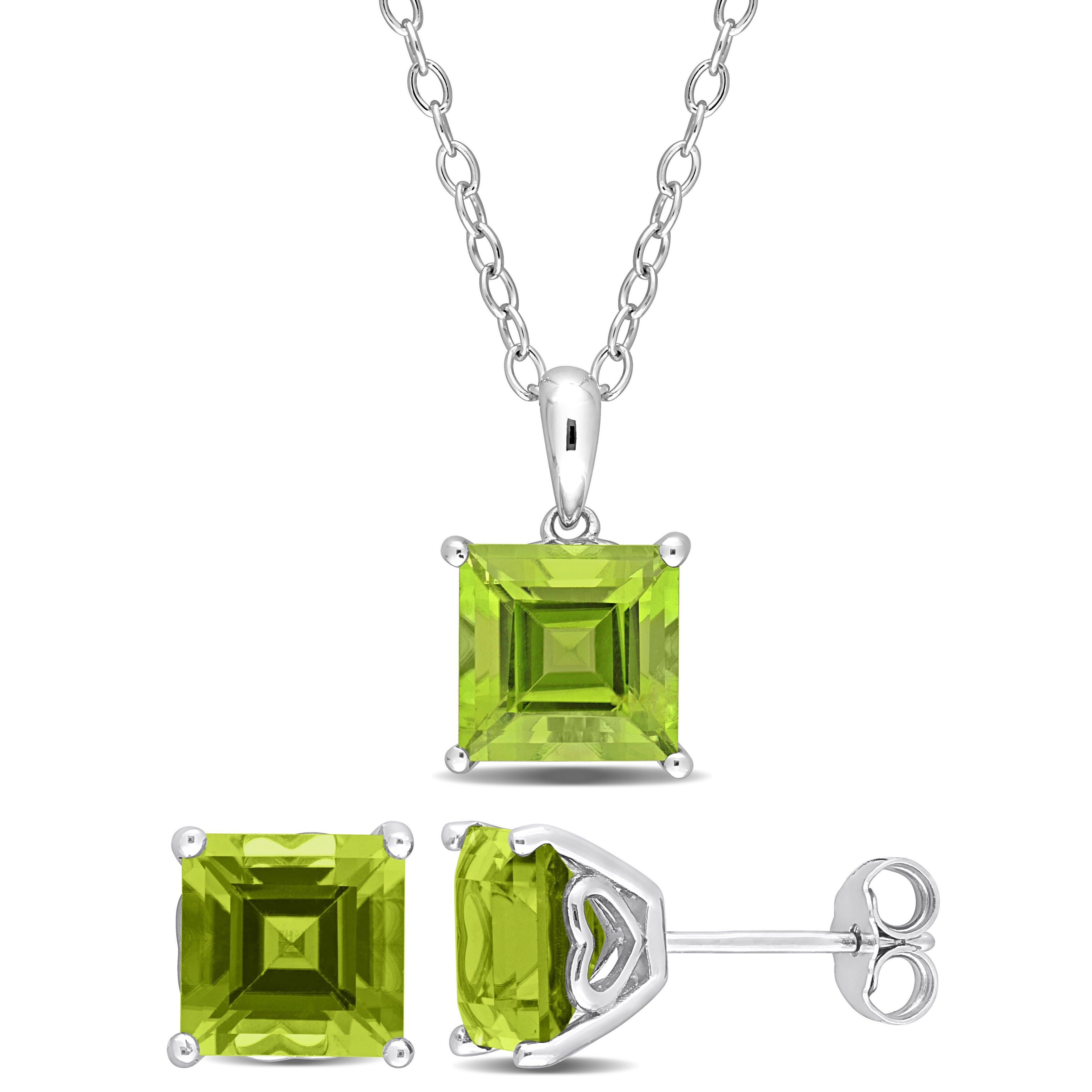 Miadora 7 1/5ct TGW Square Peridot Set of Necklace and Earrings in Sterling Silver