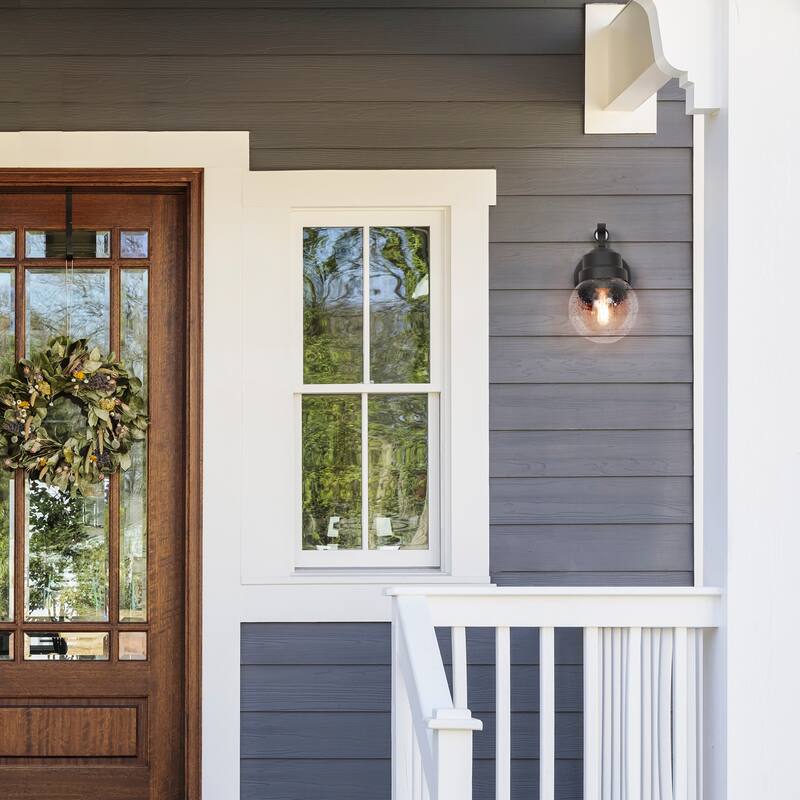 Bern 1-Light Black Outdoor Wall Sconce Glass Exterior Lantern Light - L 6"x W 7"x H 11"