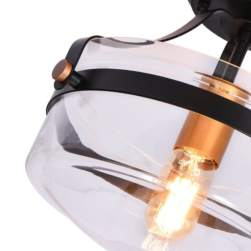 1-Light Round Glass Semi Flush Ceiling Light - 11" Black Farmhouse