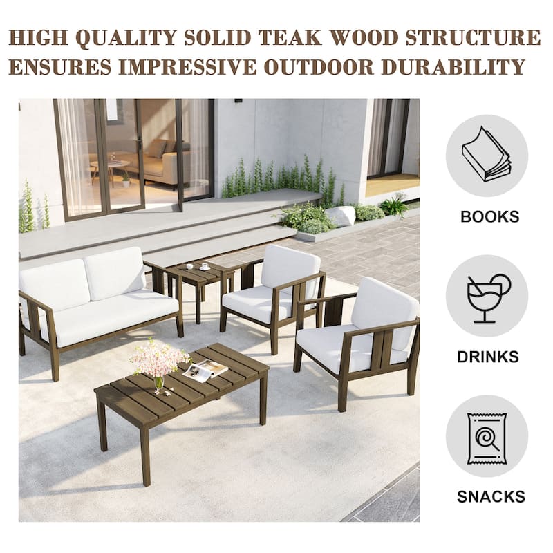 5-Piece Patio Furniture Solid Teak Outdoor Conversation Set