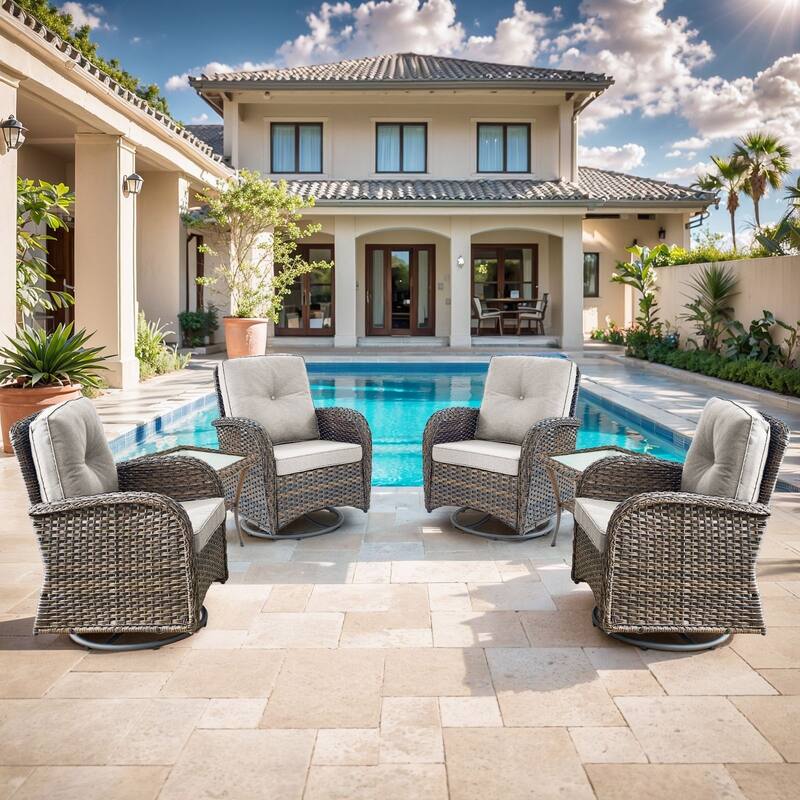 Gymojoy Ergonomic Swivel & Glider / Rocking Chair Set with Side Tables Outdoor Patio Furniture Set - 6-Piece - Swivel Chair - Brown Wicker / Beige Cusion