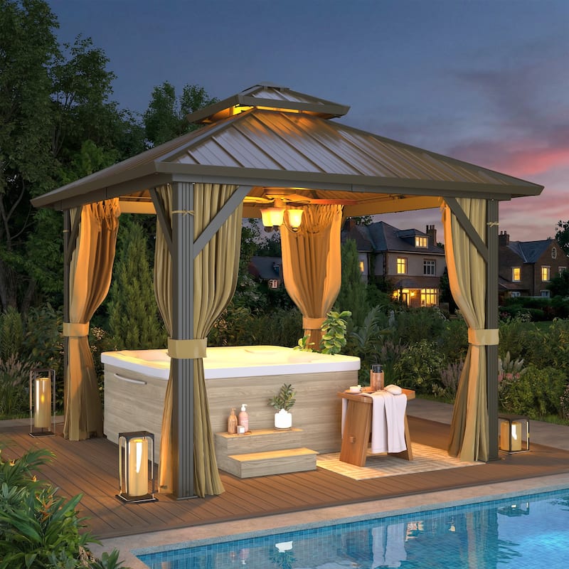 Outdoor Hardtop Gazebo with Galvanized Steel Double Roof & Aluminum Frame, Outdoor pergola with Premium Curtains and Nettings - 10x10 - Aluminum Frame