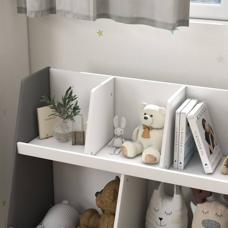 Kids Bookcase Toy Shelf,2 Tier Toddlers Toy Storage Shelf with 5 Compartments,Anti-tip Device,Pine Wood Legs