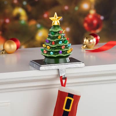 5" Illuminated Ceramic Stocking Hanger - Green Tree