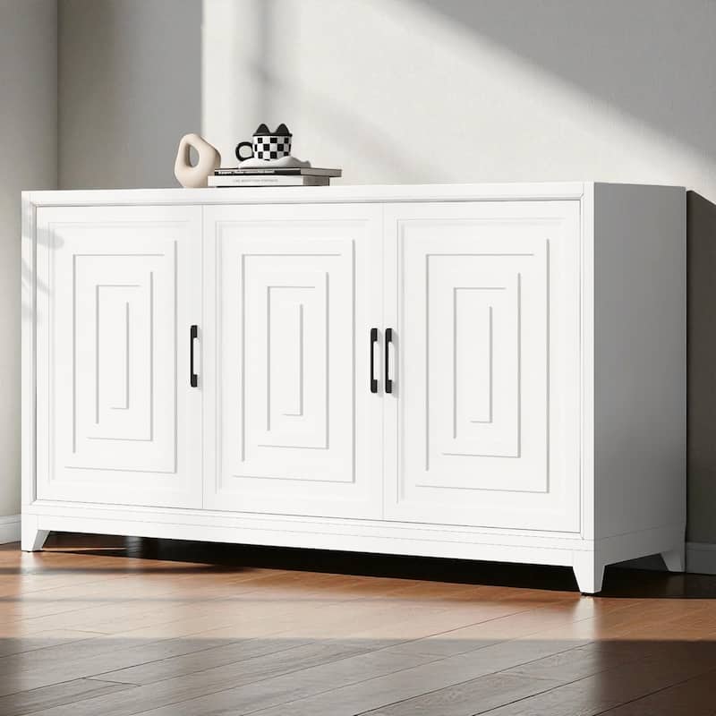 Modern 59'' TV Stand for TVs up to 65'', Entertainment Center Media Console Cabinet with Adjustable Shelves & Solid Wood Legs - White