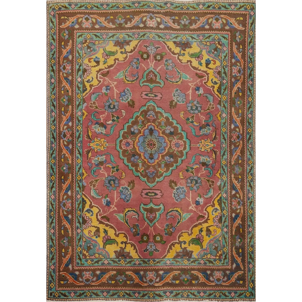Hand Knotted Oriental 100% Wool Carpet Traditional Floral Pink Tabriz Area Rug - 6' 0'' X 4' 5''