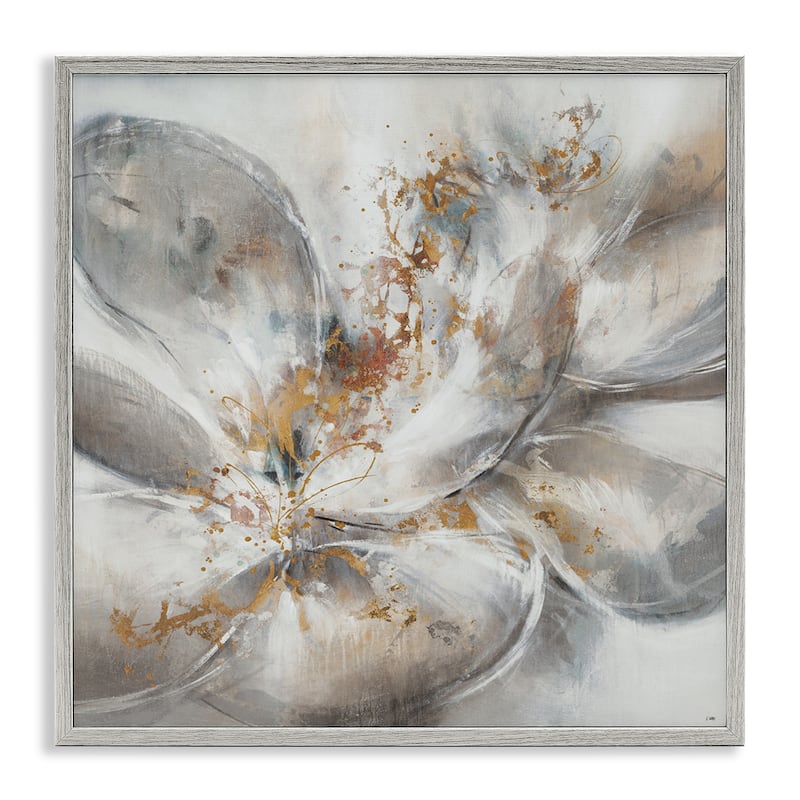 Stupell Abstract Flower Bloom Grey Gold Painting, 12x12, Framed Wall Art, Design by Third and Wall - 24 x 24 - Grey