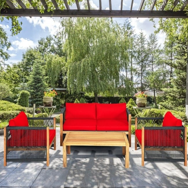 4 Pcs Acacia Wood Outdoor Patio Furniture Set with Cushions - 52" x 26" x 25" (L x W x H)