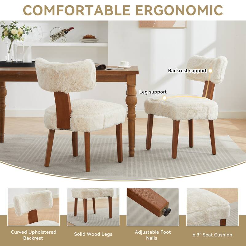Set of 2 Fur Fabric Modern Armless Dining Chairs With Curved backrest and Solid Wooden Legs for Dining Room Living Room