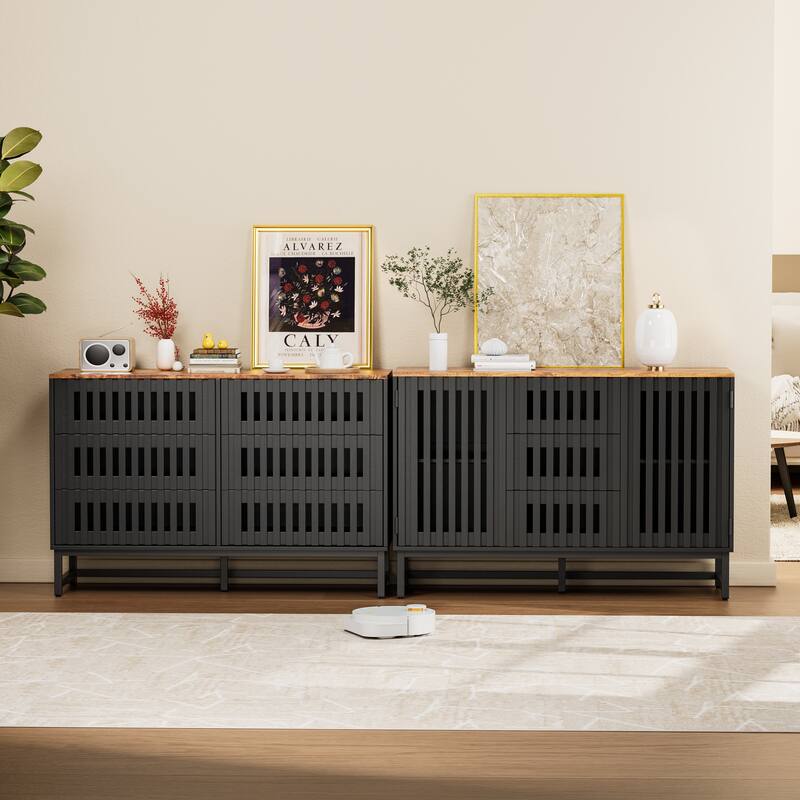 Modern Style Dressing with Grille Stripe Door 3 Drawers and 4 Shelves, for Living Room, Dining Room Office
