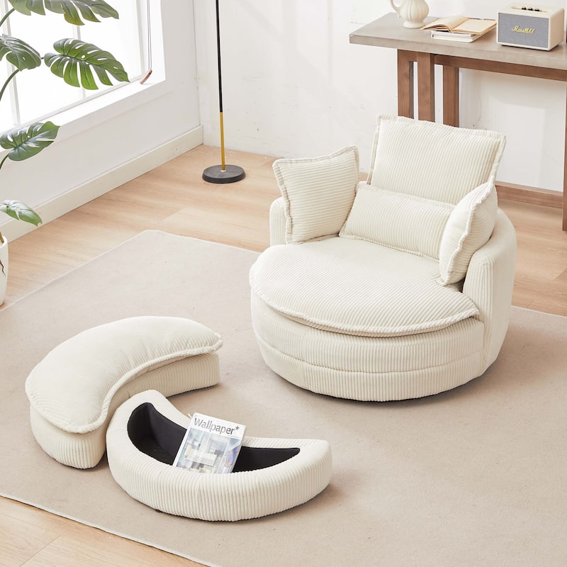 38"W Corduroy Oversized Swivel Chair with moon storage ottoman