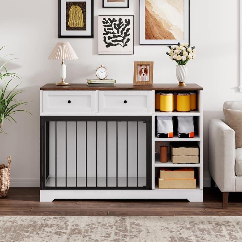 Wooden Dog Cage Furniture Indoor Crate Kennel TV Stand with Drawers Shelves