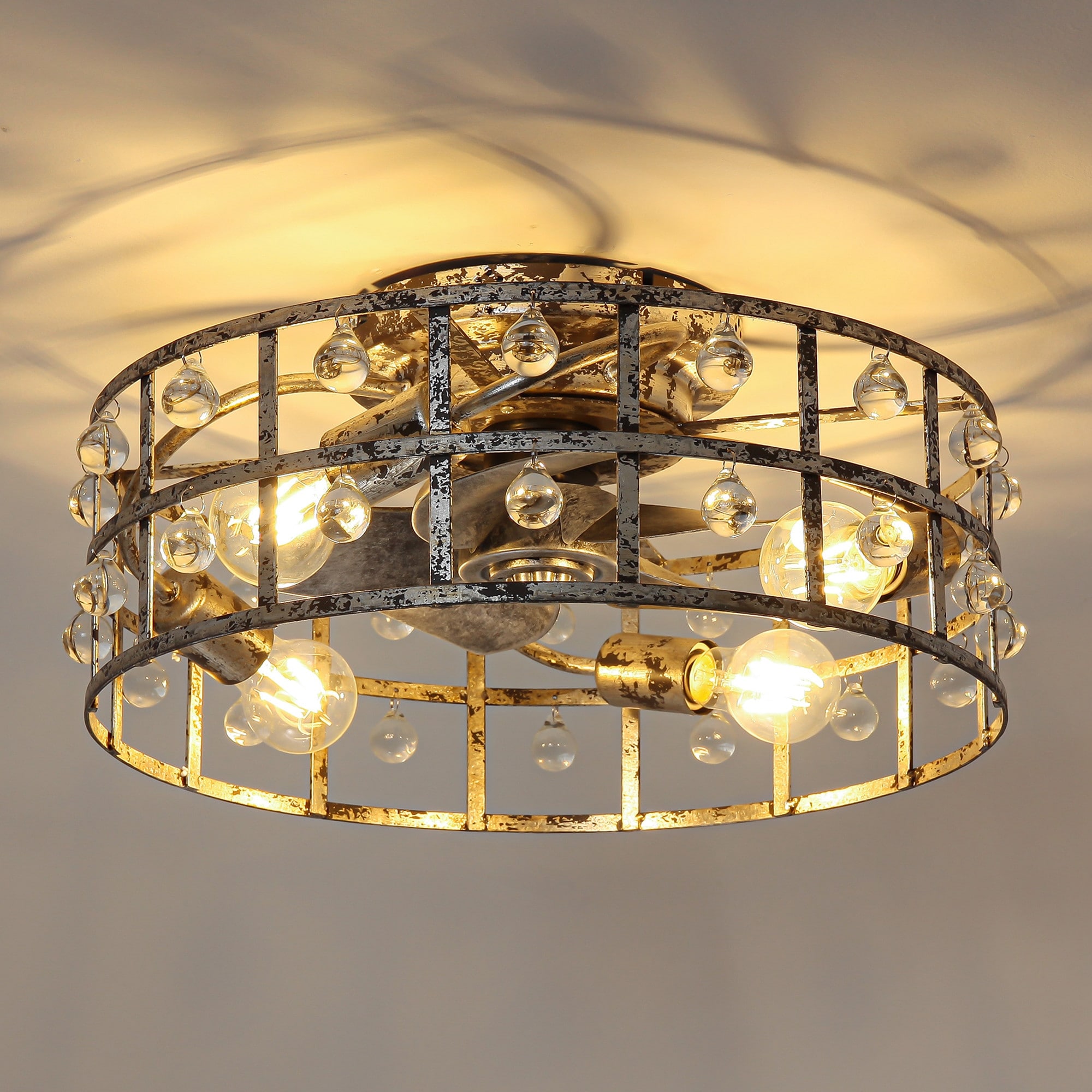 18-inch Distressed Silver Crystal Caged Low Profile Celing Fan