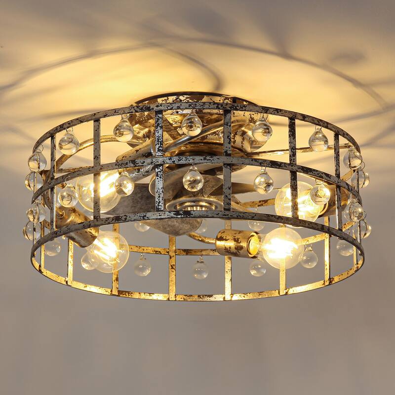 18-inch Distressed Silver Crystal Caged Low Profile Celing Fan Fandelier with Remote and APP Control