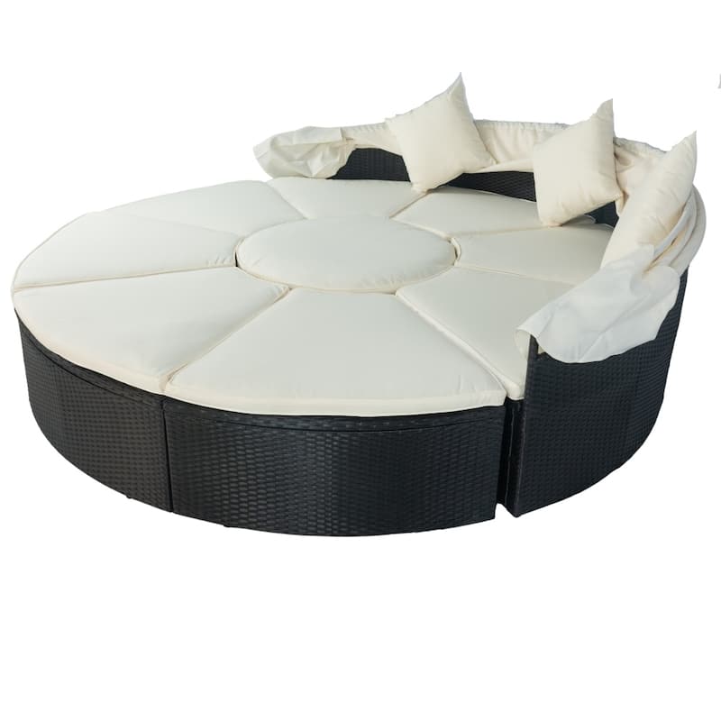 Outdoor Round Daybed Sofa with Retractable Canopy Black