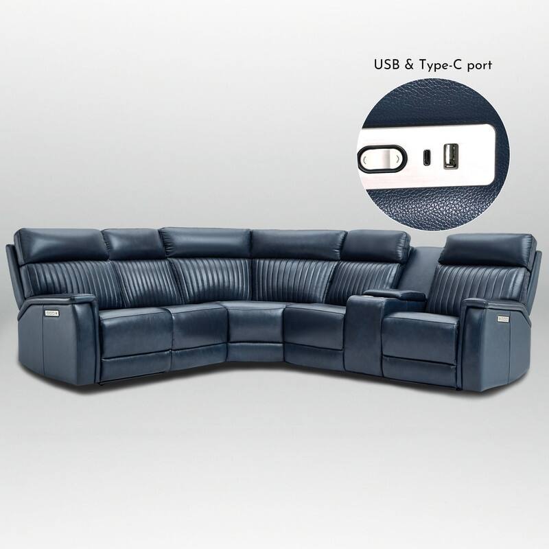 Genuine Leather Power Recliner Sectional Sofa with Console, Ajustable Headrest, USB&USB-C Port