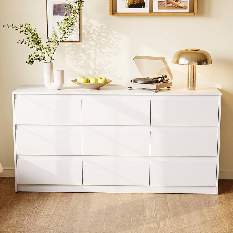 63" Modern 9-Drawer Dresser for Bedroom, Wide White Chest of Drawers, Large Storage Cabinet for Clothes Organization