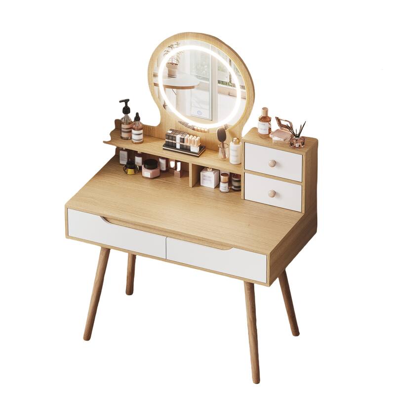 Makeup Vanity w/ 3 Color Light Mirror, 4 Drawers, Solid Wood Base