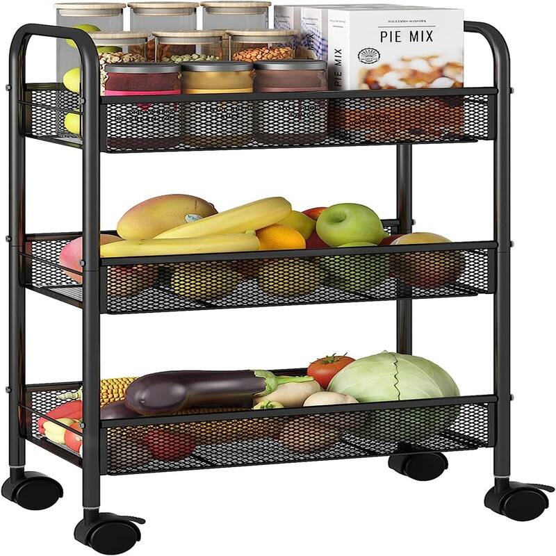 3 Tier Rolling Storage Cart - 17.25"D x 10.5"W x 26"H - Metal Finish - Black