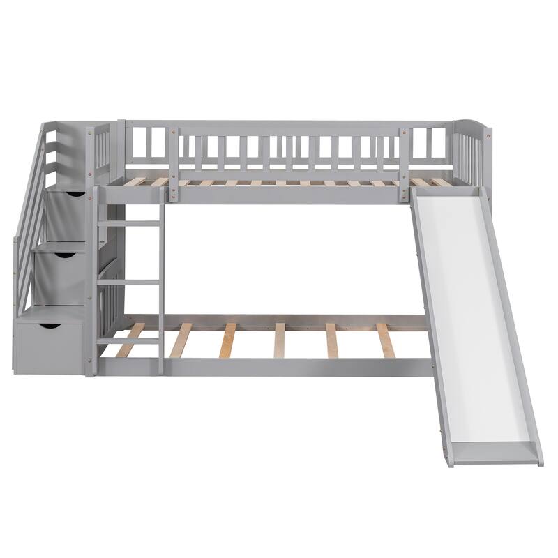 Twin Over Twin Bunk Bed with Drawers, Slide, and Stairs, Gray