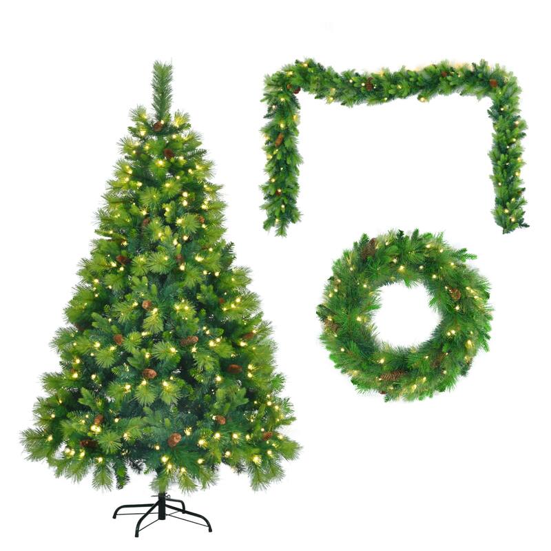 6FT Pre-Lit Christmas Tree with Garland & Wreath Set, LED Multi-Color & Warm Lights, Green and White Tips