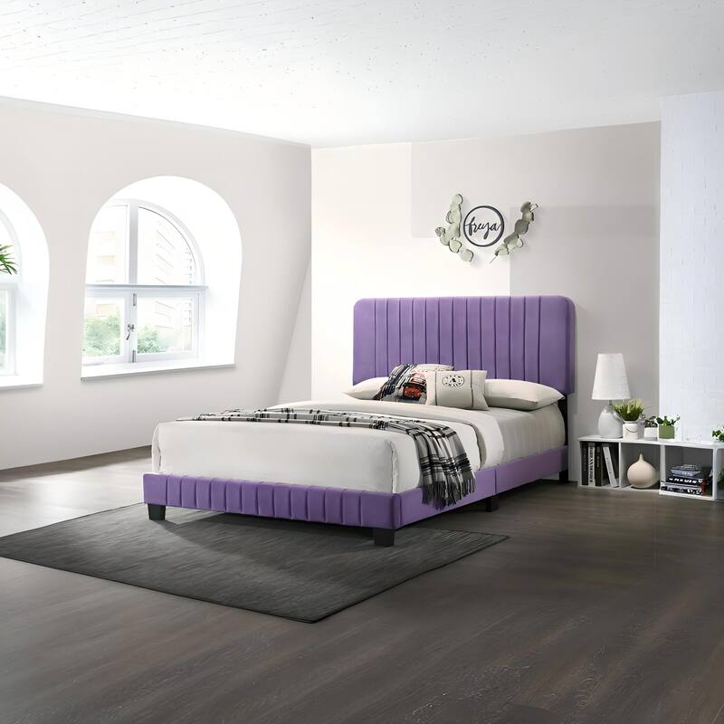 Full Size Velvet Channel-Tufted Platform Bed with Contemporary Design and Wooden Slat Support - Purple