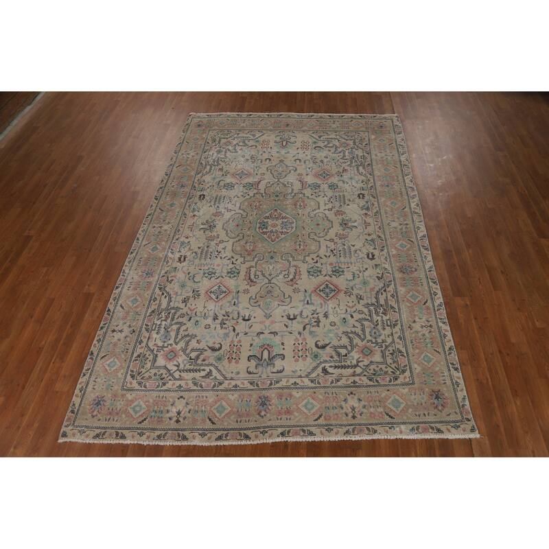 Beige Tabriz Persian Vintage Area Rug Hand-Knotted Wool Carpet - 6'6" x 9'9"
