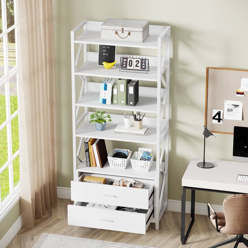 5 Shelf Bookcase 70.86 Inch Industrial Bookshelf with 2 Drawers,