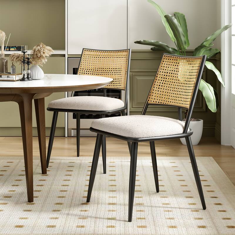 Dining Chairs Set of 2, Mid-Century Modern Kitchen Chairs with Rattan Backrest & Metal Frame, Boucle Upholstered Accent Chairs