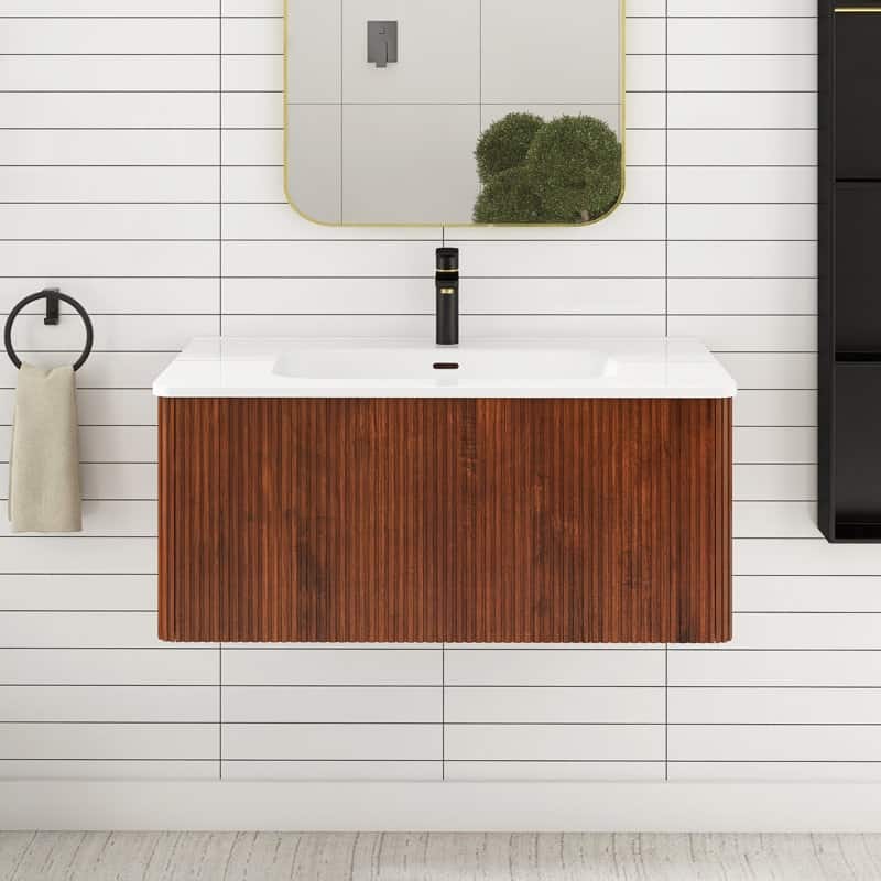 36 inch Wall-Mounted Bathroom Vanity Set in Walnut with Integrated Ceramic Sink - Textured - Walnut