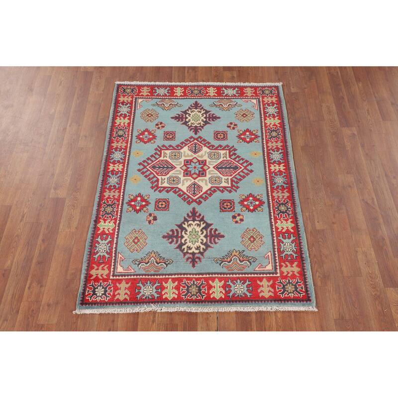Light Blue Geometric Kazak Foyer Rug Hand-Knotted Oriental Wool Carpet - 3'5" x 4'10"