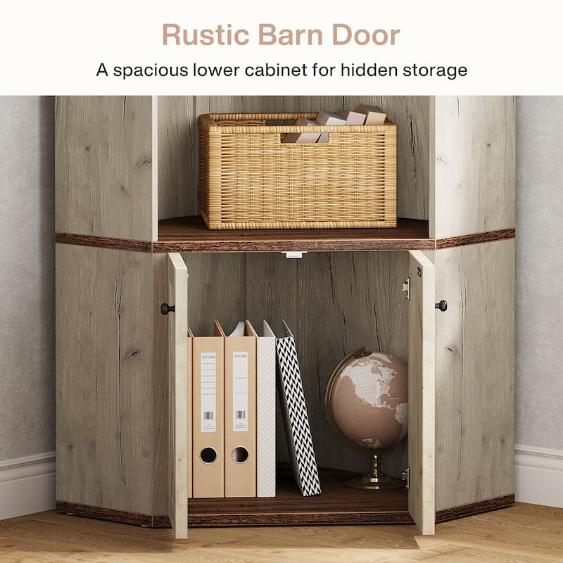 Farmhouse L-Shaped Corner Shelf Bookcase with Hidden Cabinet