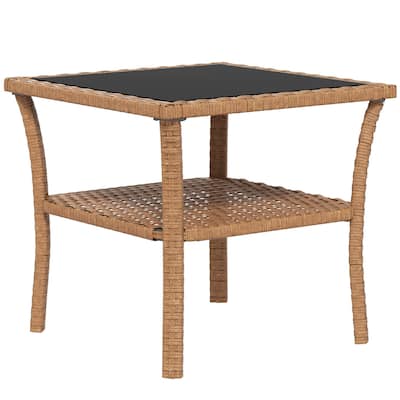 Rattan Side Table,Outdoor End Table with Storage Shelf,Aluminum Frame Square,Coffee Table with Tempered Glass Top