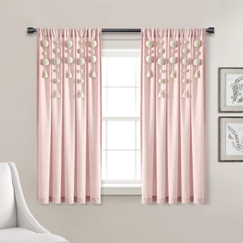 Lush Decor Boho Pom Pom Tassel Linen Window Curtain Panel (Single) - 52"W x 63"L - Blush